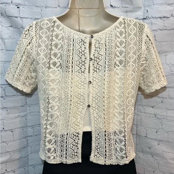 American Eagle Cream Crochet Button Back Top - Picture 3 of 4